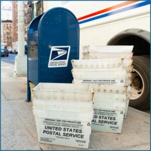 Blue United States Mailbox and bins