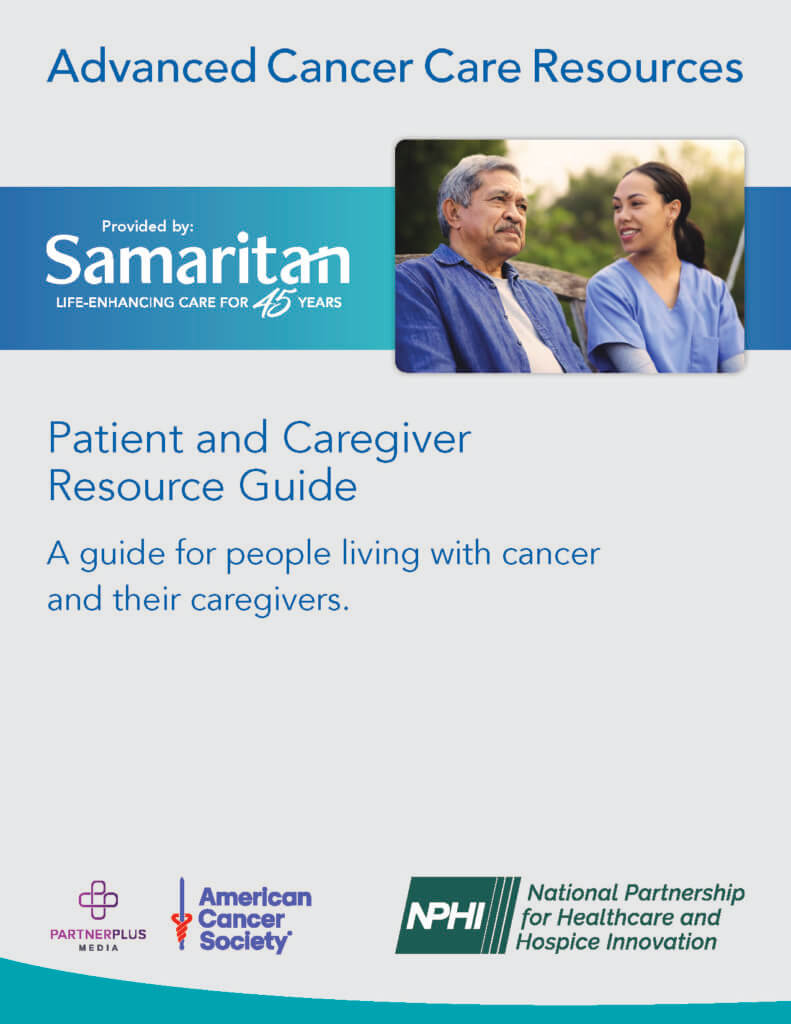 Cover page of Advanced Cancer Care Resources. Nurse looking at patients sitting on bench together.